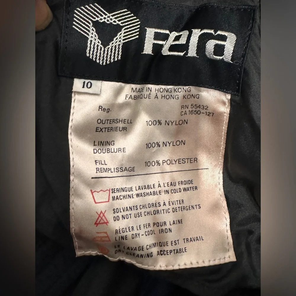FERA size 10 black ski overalls made in Hong Kong